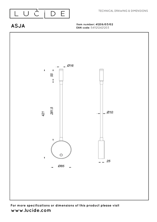 Lucide ASJA - Oplaadbare Wandspot / Wandlamp - Accu/Batterij - LED 3 StepDim - 1x3W 2700K - Mat Goud / Messing | Premium - technisch